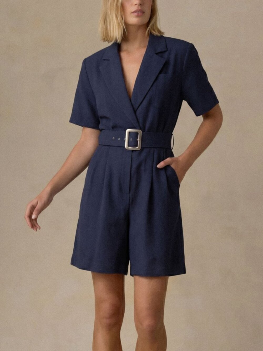 Vintage 90s Ann Tjian x Kenar Navy Shorts Jumpsuit Blazer Belted Romper 12
